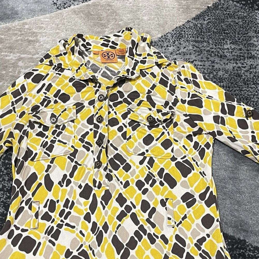 Tory Burch 100% Silk Dress Women Small Yellow‎ Geometric 3/4 Sleeve Button Knee